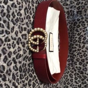 Gucci Red Leather Belt with Pearl Double G